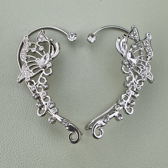 Silver Tone Butterfly Ear Cuffs Climber Hooks Rhinestone Fairycore Whimsical - Picture 5 of 5